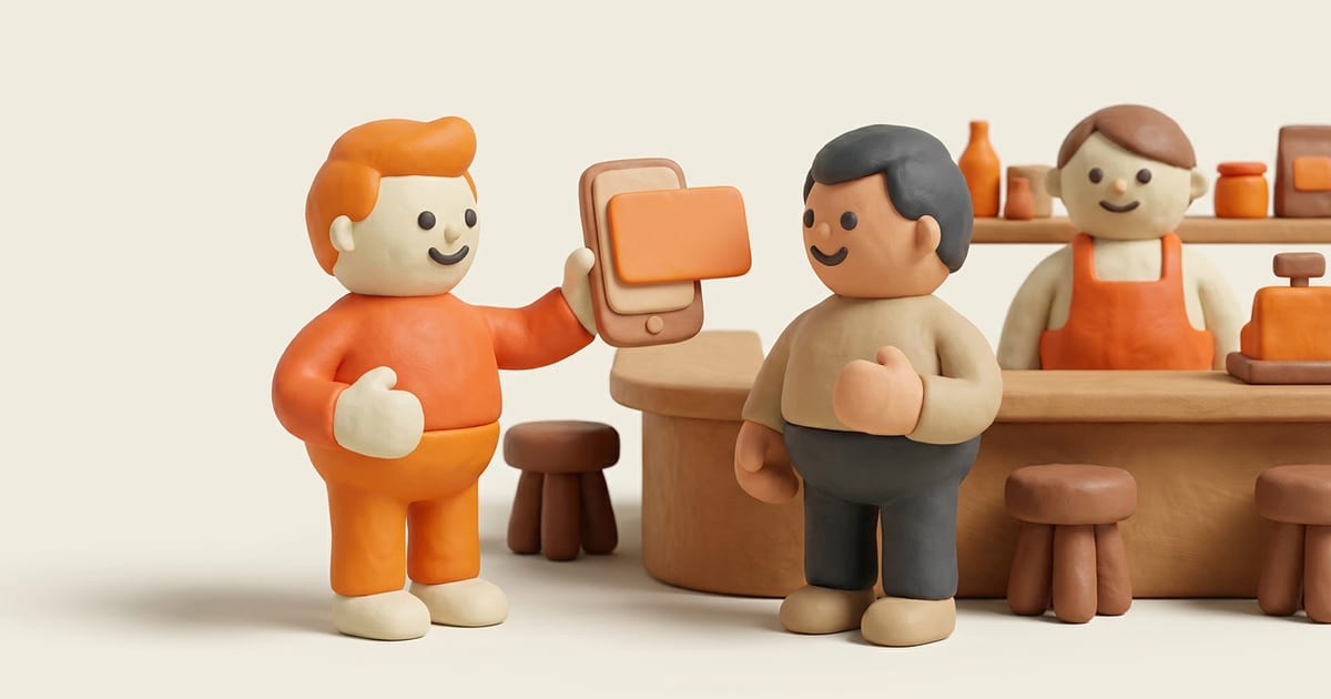 Clientes felices mostrando su pase en el mostrador, ilustración de Forja