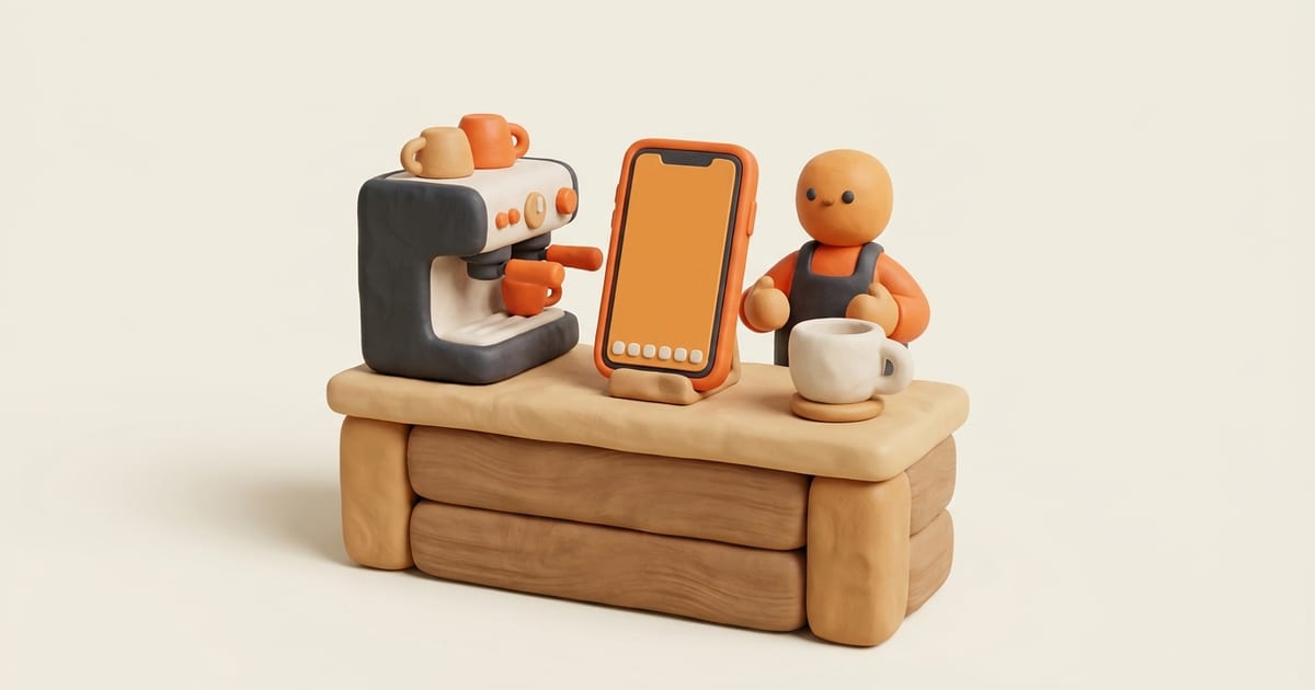 Mostrador de cafetería con el pase naranja en el celular, ilustración de Forja