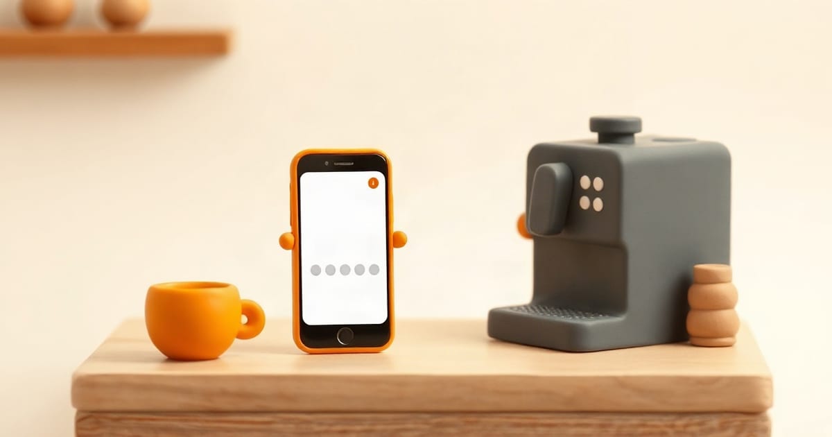 Mostrador de cafetería con el pase del programa de lealtad en el celular, ilustración de Forja