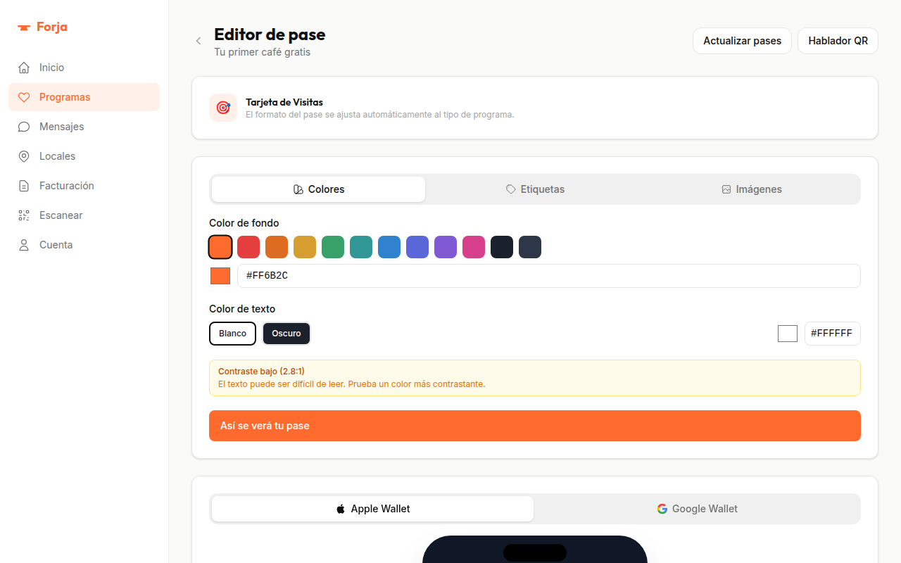 Editor de diseño de pase con selector de colores, etiquetas e imágenes