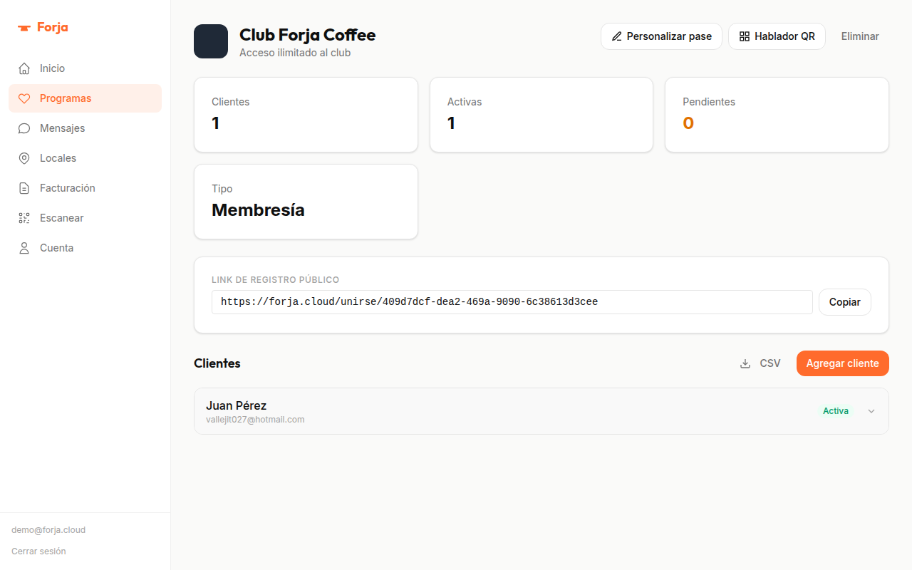 Programa de membresía con cliente activo y estadísticas