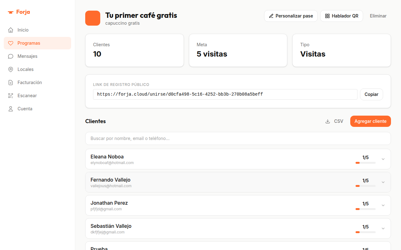 Pantalla de programa de visitas con progreso y lista de clientes
